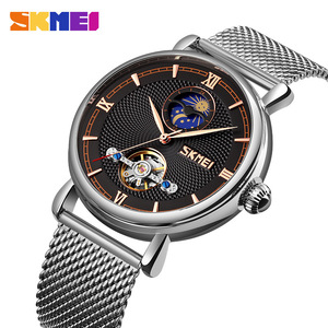 Skmei Men's Automatic Mechanical Watch Stainless Steel Strap Tourbillon Skeleton 30M Waterproof Black Dial Mesh Band - Product Image 5