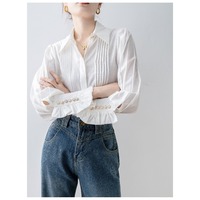 Nouvelle Collection Printemps 2026 – Blouse Blanche Plissée en Gros pour Femme, Manches Ballon, Boutons Perle, Style Chic Français, Élégante et Décontractée, Manches Longues