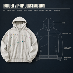 Sweat à capuche zippé personnalisé pour homme, 420 GSM, jacquard épais, décorations en strass colorés, streetwear, veste à capuche entièrement zippée, OEM ODM - Product Image 2