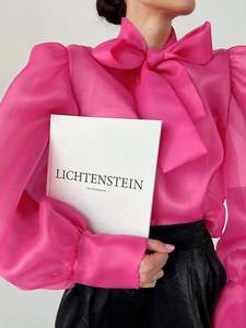 2025 European American Women's High-End Loose Button Top Sexy <b>Sheer</b> Mesh Long Sleeve Puff Sleeve Bowknot Solid Simple Summer - Product Image 5