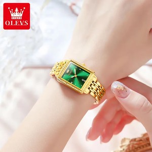 Women's <b>Gold</b> <b>Rectangle</b> <b>Watch</b> Green Dial Rhinestone Bezel Analog Quartz Date Deployment Clasp 30mm 9995 - Product Image 3