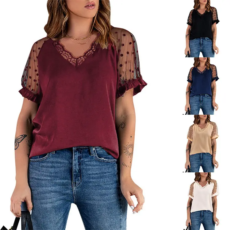 W3174 2023 summer lace short sleeve solid color top women slim V-neck pullover T-shirt blouse