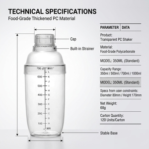 Shaker à cocktail en PC dépoli, résistant aux chutes et anti-fuite, avec échelle graduée, 500ml, 700ml, 1000ml, pour barman et bar, vente en gros usine - Product Image 4