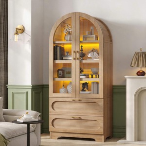 SENYU Meuble de rangement moderne en bois cintré avec 4 étagères et 2 tiroirs, style ferme, pour salon - Product Image 4