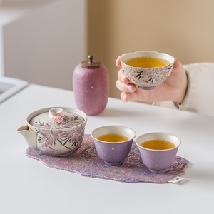 Taza de té de cerámica pintada a mano con diseño de flor de glicinia, juego de té Kung Fu retro con bolsa práctica, taza y tetera individuales, juego de té con diseño de loto. - Product Image 4