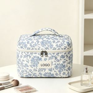Floral Quilted Custom Logo Cosmetic <b>Large</b> Capacity Travel Toiletry Organizer Pouch <b>Makeup</b> <b>Bag</b> With Handle - Product Image 6