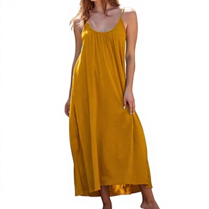 Women Lady Apparel Spring <strong>Summer</strong> Vacation Leisure Casual <strong>Strappy</strong> U-Neck Pleated Yellow Red Blue Green Color Loose Long <strong>Dress</strong> - Product Image 1