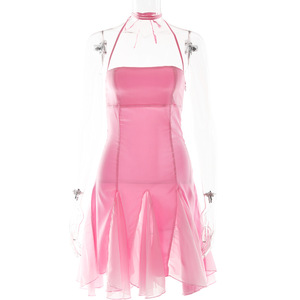 Robe rose à col halter, à volants, courte, dos nu, pour soirée ou tenue décontractée - Product Image 5