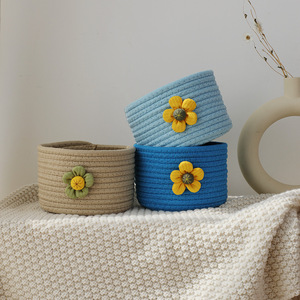 Handmade Woven Storage Basket <b>Round</b> Natural Fiber With Flower Decor For Desk <b>Bedside</b> Coffee <b>Table</b> Organization - Product Image 2