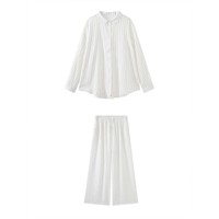 Ensemble deux pièces pour femmes, série Louvre, printemps/été, chemise à manches longues en coton et lin rayé, pantalon décontracté ample, style Paris
