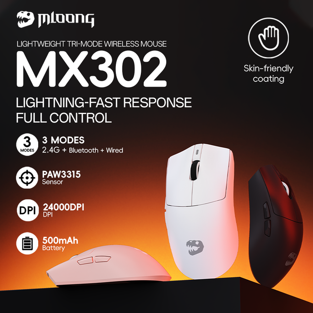 MLOONG MX302 Ultra-Lightweight Wireless Gaming Mouse 1K Polling Rate 24000 DPI 24K Sensor Programmable Gaming Mouse