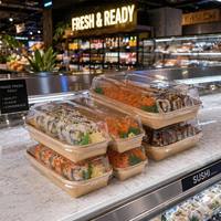 Boîte à sushi à emporter en carton kraft avec logo imprimé, couvercle transparent en PET, boîte à sushi jetable pour fêtes, traiteur, vente en gros, en stock