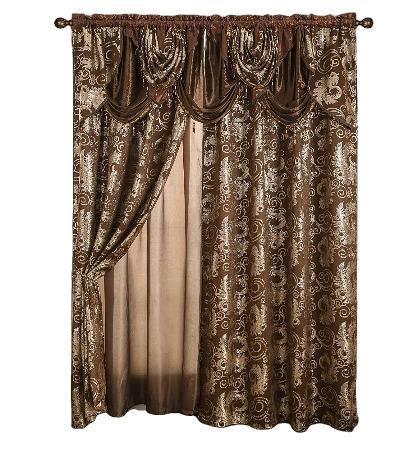 Ensemble de panneaux de fenêtre de rideau de luxe Jacquard doré avec cantonnière attachée et support chambre salon salle à manger