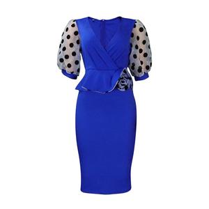 Robe midi crayon élégante pour femme, col en V, imprimé pois, manches bouffantes mi-longues, couleur unie, volants, idéale pour le bureau, collection été - Product Image 6