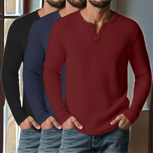Nouvelle collection automne OEM – T-shirts décontractés pour hommes à manches longues, coupe régulière, col en V boutonné, en tissu gaufré uni, écologiques et respirants 180 - Product Image 2
