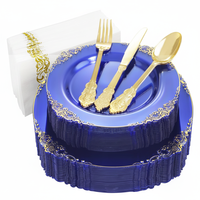 Assiettes jetables en plastique rigide PS, motif dragon gaufré, bord doré, bronzage bleu transparent, pour fête, écologiques