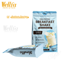 Sachet refermable personnalisé en aluminium avec fermeture éclair, barrière oxygène et humidité, pour poudre de protéines de lactosérum, shake de petit-déjeuner, fond plat