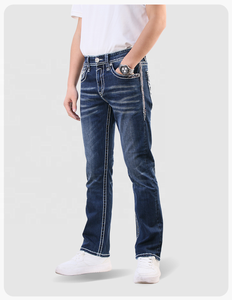 IN STOCK fashion Men’s Heavy Stitch <b>jeans</b> <b>Embroidered</b> Mid Waist Whisker effect Straight Leg <b>jeans</b> for men - Product Image 2
