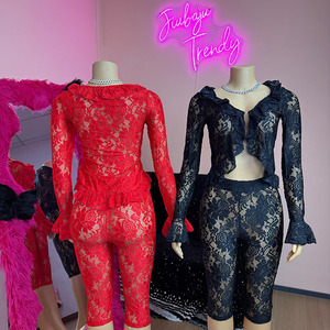 Sexy Spitze durchsichtig 2-teilige Sets Frau Outfit Mesh Hollow Out Crop Top und Shorts Anzug - Product Image 2
