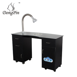 Mesa de manicura Dongpin con doble gabinete, superficie de vidrio templado y lámpara para uso en salón. - Product Image 1