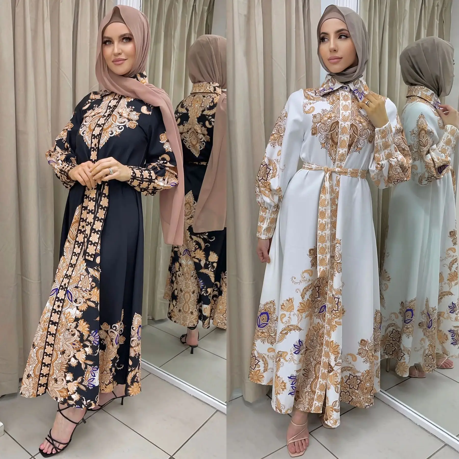 Fashion Islamic Turkey Ethnic Floral Print Clothing Women's Arabic Printed Abaya Dresses