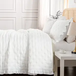 被子套装大号白色蕾丝褶边超柔软超细纤维轻质3件套床上用品