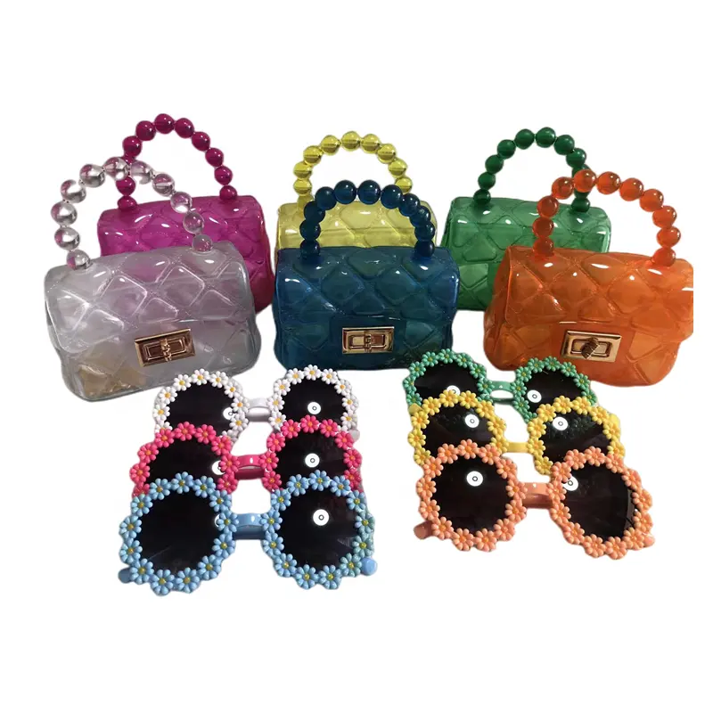 Ücretsiz örnek 2023 yaz sevimli küçük kızlar jöle çanta ve güneş gözlüğü çocuk çantalar ve çanta