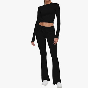 Wholesale Women T Shirt Pants <b>Set</b> Crew Neck Low Waist Flare Leg Regular Fit Casual Streetwear Outfit Private Label Custom - Product Image 2