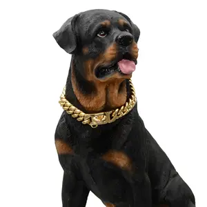 Gold Chain Dog Collar Gold Hardware Heavy Duty Stainless Steel Pet Cuban Link Pitbull Chain Metal Dog Lead and Collar Gold