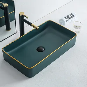 Ruhigen bad waschbecken Glaskörper china matte grün keramik waschbecken mit luxus gold rand