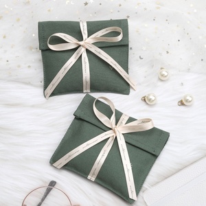 Custom Logo Printing Canvas Flap <b>Gift</b> Comb Jewelry Bag With Ribbon Green Soild Cotton <b>Envelope</b> Packaging Dust Pouch - Product Image 1