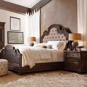 Grand lit américain <span class=keywords><strong>Cadre</strong></span> de lit double en bois massif de chêne sculpté vintage Ensemble de chambre à coucher moderne de style vieilli avec design de dossier souple - Product Image 2
