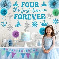 Dekorasi Ulang Tahun Pertama Setelahnya, Spanduk Frozen ke-4 dengan Hiasan Gantung, Dekorasi Poms Penggemar Putri Usia 4 Tahun