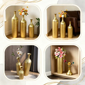 Ensemble de 3 vases décoratifs en métal, motif feuille d'or, vases de sol, vases hauts dorés pour la décoration de la maison, entrée - Product Image 2