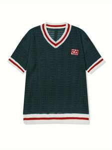 Logo personnalisé avec motif en tricot, col en V, manches courtes, hauts en tricot respirants à manches courtes pour hommes, style universitaire - Product Image 5