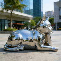 Escultura de Gato de Acero Inoxidable Pulido con Acabado Espejo, Moderna Estatua de Gato Recostado Pensando para Jardín, Piscina, Centro Comercial, Calle Comercial