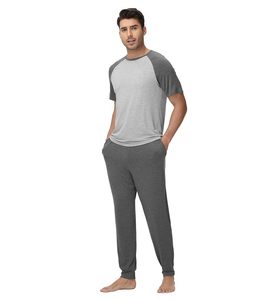 Clearance Stock Men's Gray Solid Color Short <b>Sleeve</b> Pajama Set Knitted Bamboo Sleepwear <b>with</b> Pockets Pajama Wholesale Ready Ship - Product Image 1