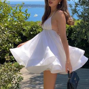 Vestido de Verano Sexy para Mujer al por Mayor, sin Mangas, con Espalda Descubierta, Cuello en V, con Cordones en la Espalda, Dobladillo Plisado Holgado, Mini Vestido para Vacaciones en la Playa - Product Image 2