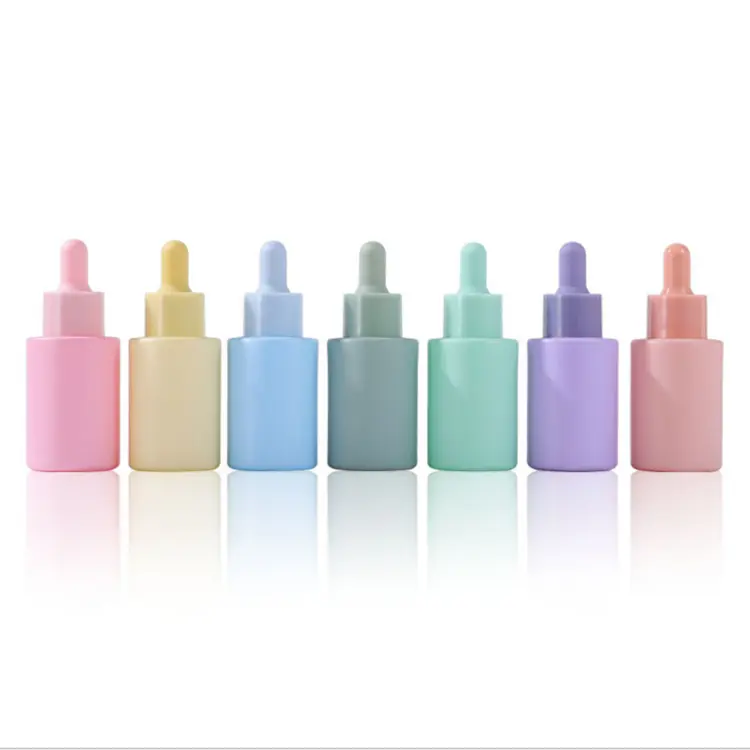 Botella de suero para el cuidado de la piel, con forma de cilindro de hombro plano, gotero de vidrio de 30ml, color blanco, rosa, azul, púrpura