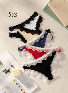 In Stock di cotone 5 pezzi Set di pizzo a contrasto di colore Bikini a coste taglio <span class=keywords><strong>brasiliano</strong></span> biancheria intima <span class=keywords><strong>slip</strong></span> per <span class=keywords><strong>donna</strong></span> <span class=keywords><strong>donna</strong></span> papillon - Product Image 2