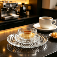 Ensemble de bols à dessert en verre côtelé avec plateau de service, bols transparents texturés pour crème glacée et fruits, pour café et restaurant