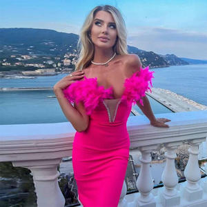 Rayon bayanlar zarif bandaj elbise kokteyl parti için askısız tüy Rhinestone Bodycon Midi kokteyl elbise - Product Image 1