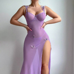 New Sexy Mesh <b>Long</b> Dress With Fashionable Suspender Lace Embroidery Perspective Tempting High Slit and Sexy Dress - Product Image 1