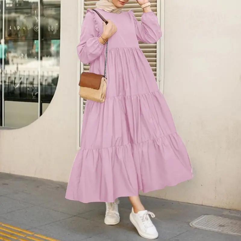 이슬람 새로운 프릴 소매 주름 밑단 단색 라운드 넥 긴 숙녀 스윙 드레스 크루 넥 드레스