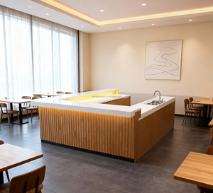 تصميم عصري لكاونتر بار على شكل حرف U من الخشب للفنادق التجارية والمطاعم والنوادي الليلية والمقاهي والمحلات التجارية مع سطح من الرخام - Product Image 5