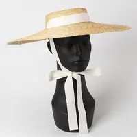 B107 טבעי חיטה נשים רחב שוליים שמש חוף קש כובע עם סרט תקליטונים שטוח למעלה קש מגבעת כובעים