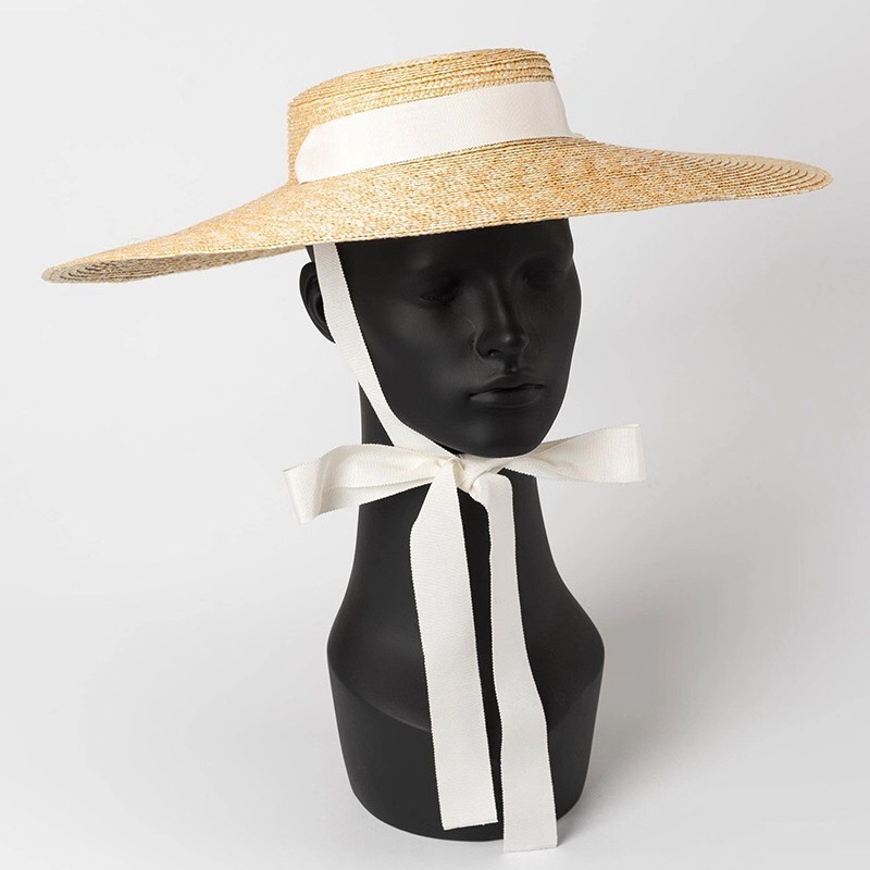 B107 Natural Wheat Women Wide Brim Sun Beach Straw Hat With Ribbon Floppy Flat Top Straw Boater Hats