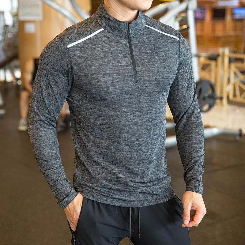 Camisa lisa de secagem rápida de manga longa, esportes 1/4 de cor básica com zíper para treino muscular de academia