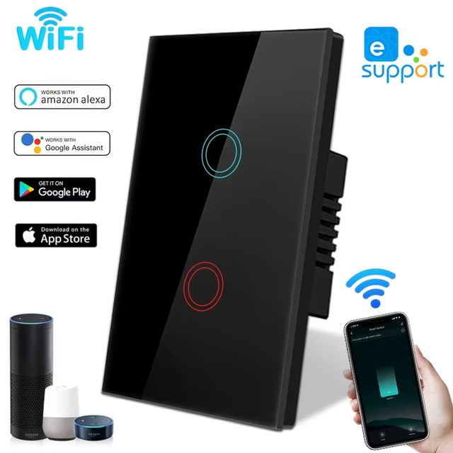 2 Gang 146-Type Wifi Type Smart Switch 20A Touch Button Glass Panel Light Switch Supports Google Home & Alexa Voice Control