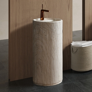Lavabo sur pied en pierre artificielle beige travertin de luxe moderne, <span class=keywords><strong>design</strong></span> cannelé, pour salle de bain - Product Image 2